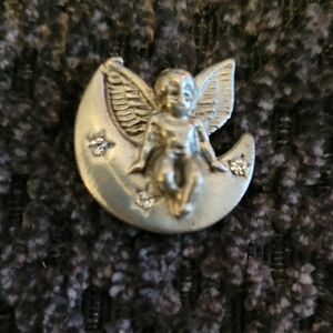 Silver Angel Moon Brooch